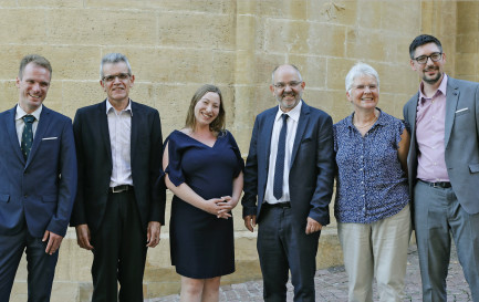 Le Conseil synodal. De gauche à droite: Adrien Bridel, Jacques Péter, Clémentine Miéville, Christian Miaz, Alice Duport, Yves Bourquin / @Pierre Bohrer